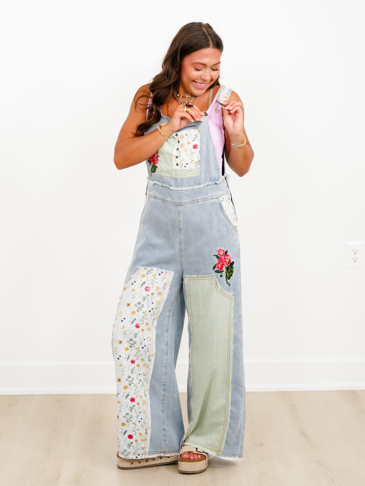 POL Light Wash Overalls with Patchwork Detail