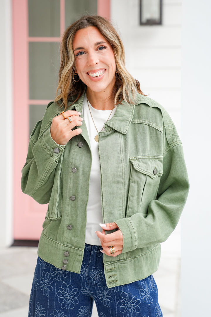Veveret Olive Wash Long Sleeve Cargo Jacket