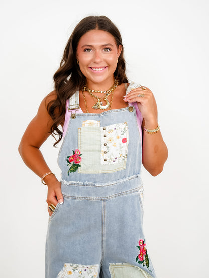 POL Light Wash Overalls with Patchwork Detail
