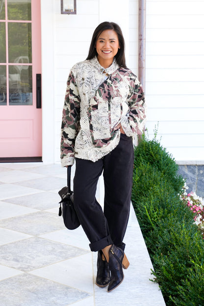 POL Camo Long Sleeve Button Up Jacket with Lace