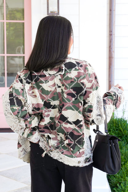 POL Camo Long Sleeve Button Up Jacket with Lace