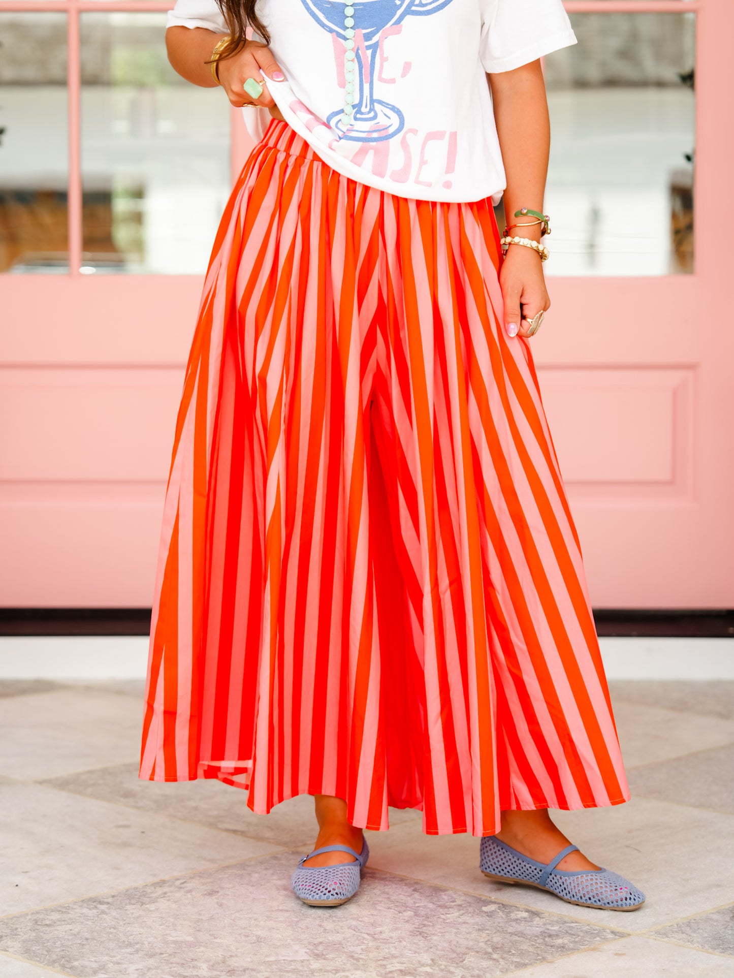 Stripe Elastic Waist Extra Wide Leg Gaucho Pants