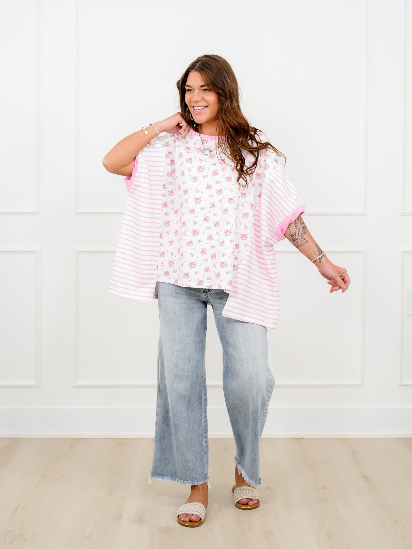 Floral and Stripe Print Short Sleeve Top