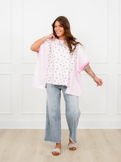 Floral and Stripe Print Short Sleeve Top