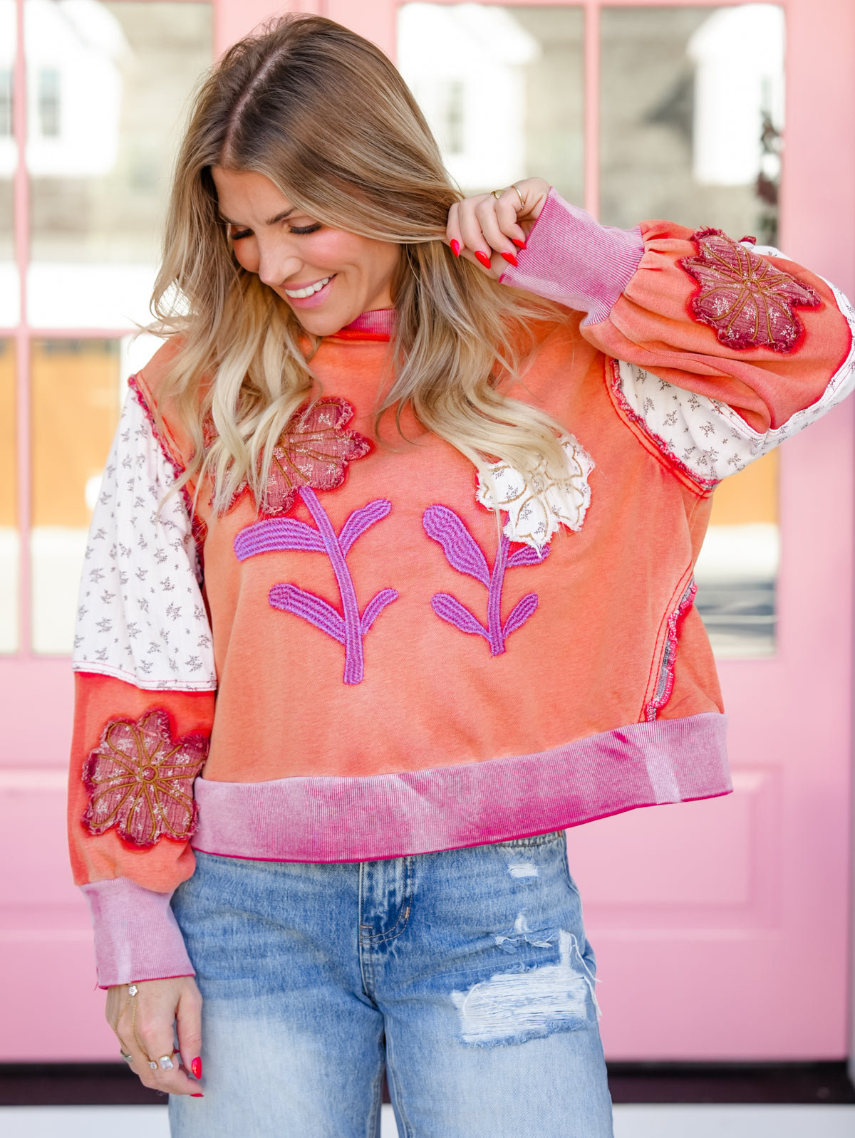 POL Vintage Wash Long Sleeve Top with Floral Patch