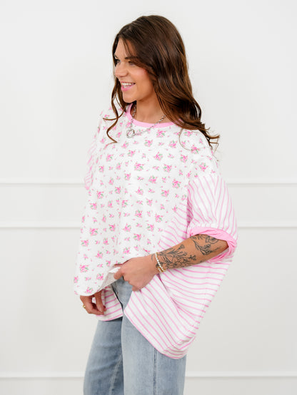 Floral and Stripe Print Short Sleeve Top