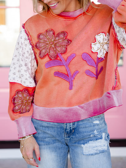 POL Vintage Wash Long Sleeve Top with Floral Patch