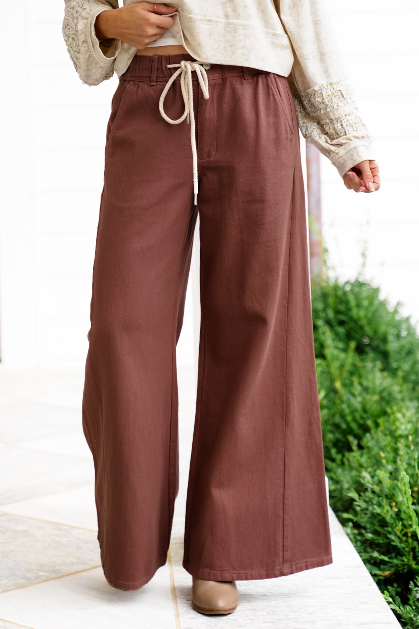 Plus/Reg Relaxed Fit Wide Leg Pants with Drawstring