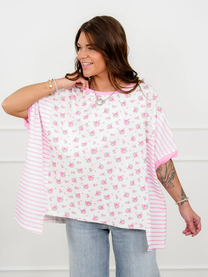 Floral and Stripe Print Short Sleeve Top