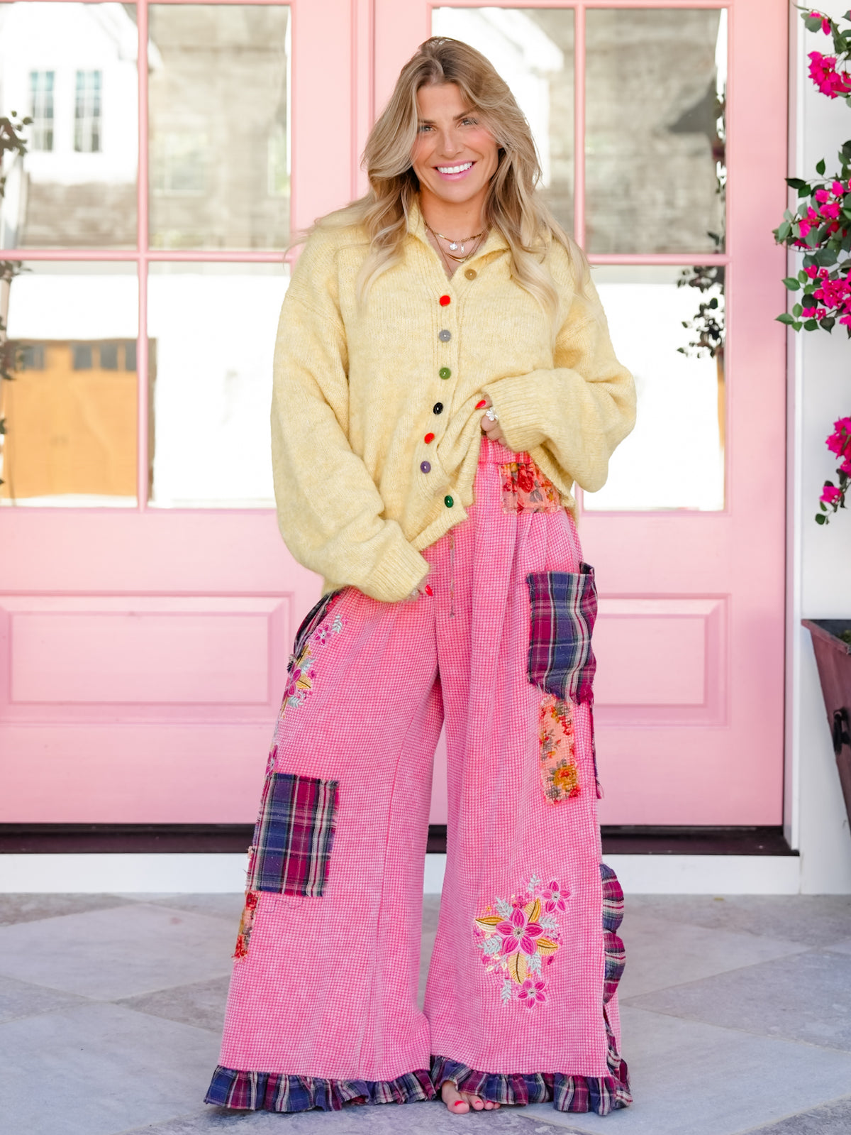 POL Thermal Plaid Patchwork and Floral Embroidered Ruffle Hem Pants - Freckled Poppy