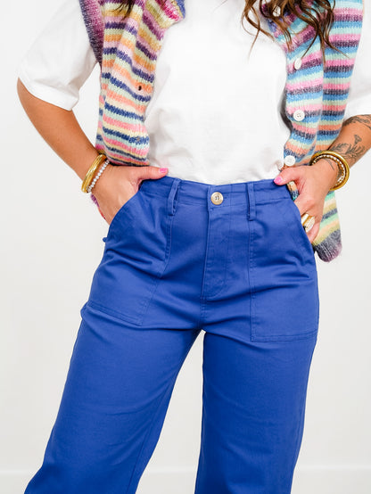 Royal Blue Straight Leg Pants with Patch Pockets