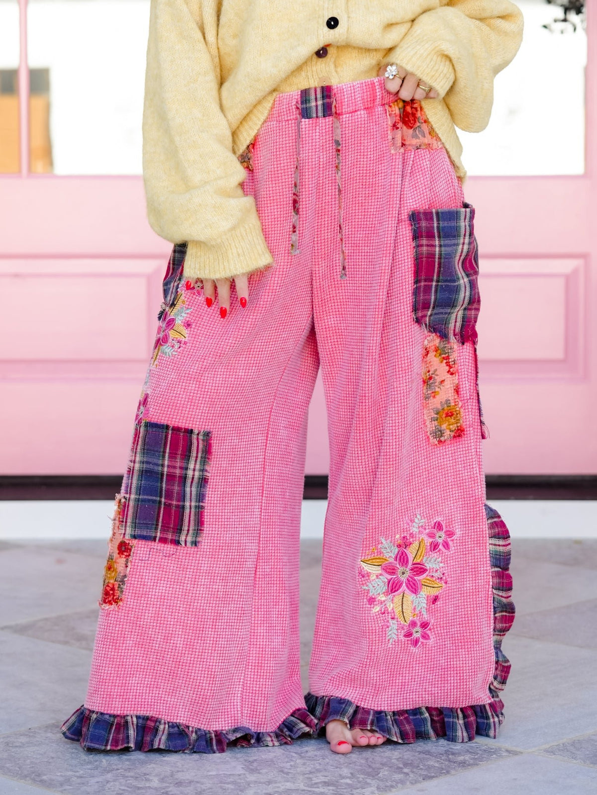 POL Thermal Plaid Patchwork and Floral Embroidered Ruffle Hem Pants - Freckled Poppy