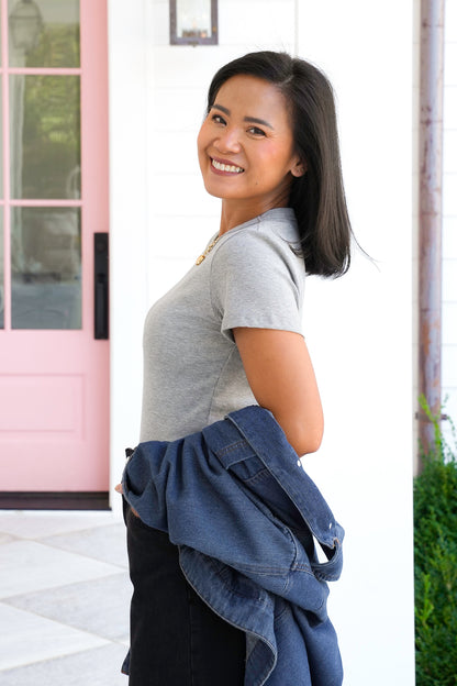 Grey Ribbed Knit Short Sleeve Round Neck Top