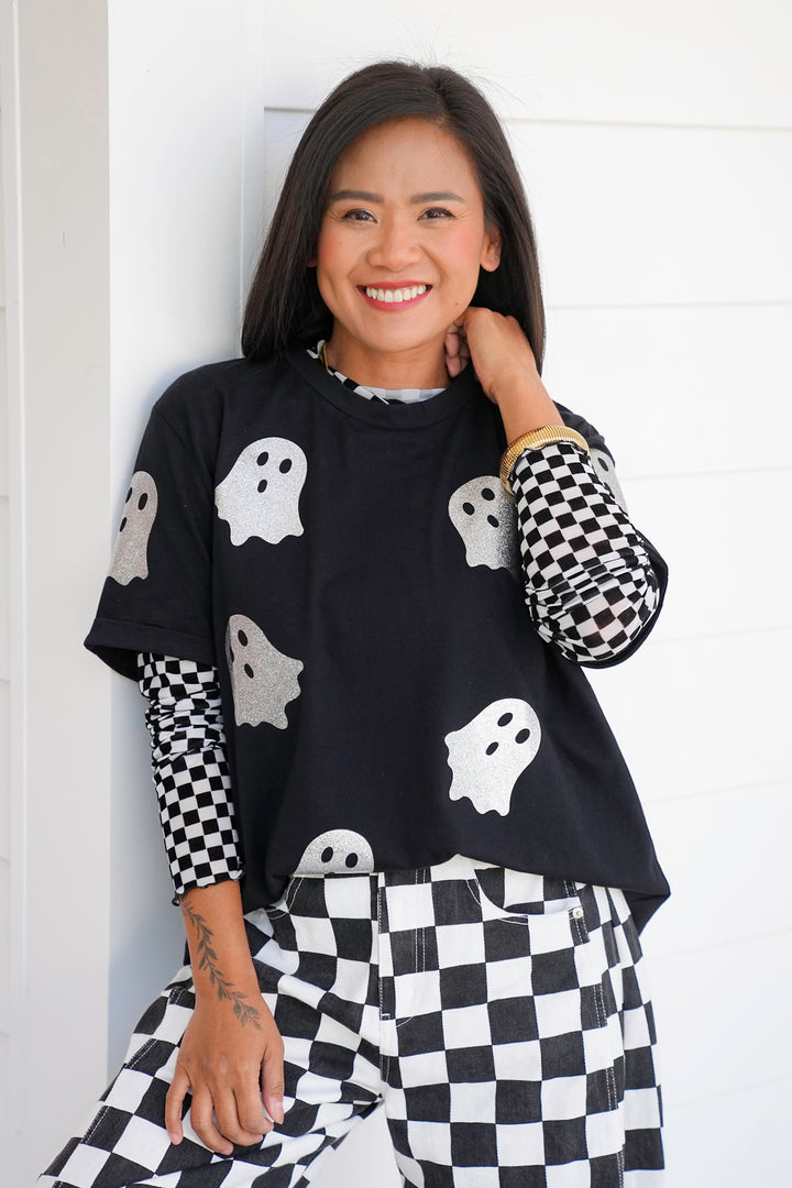Plus/Reg Short Sleeve Glitter Ghosts Top