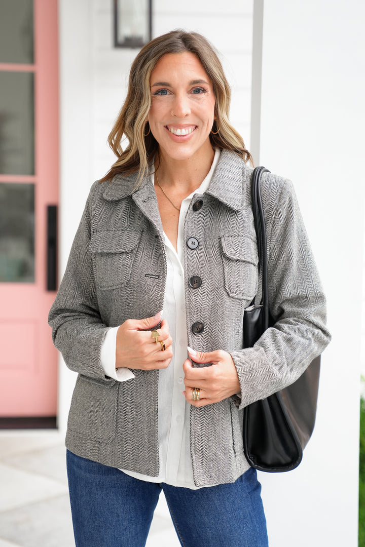 Herringbone Long Sleeve Button Down Jacket