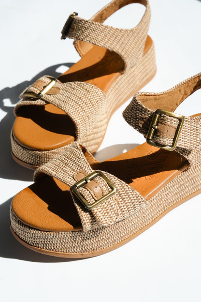 Blowfish Woven Raffia Platform Sandal with Dual Buckle Straps