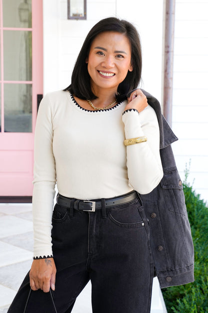 Long Sleeve Knit Top with Embroidery Stitch