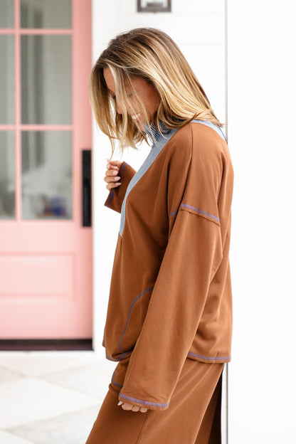 Brown Long Sleeve Half Zip Up Top With Stripes