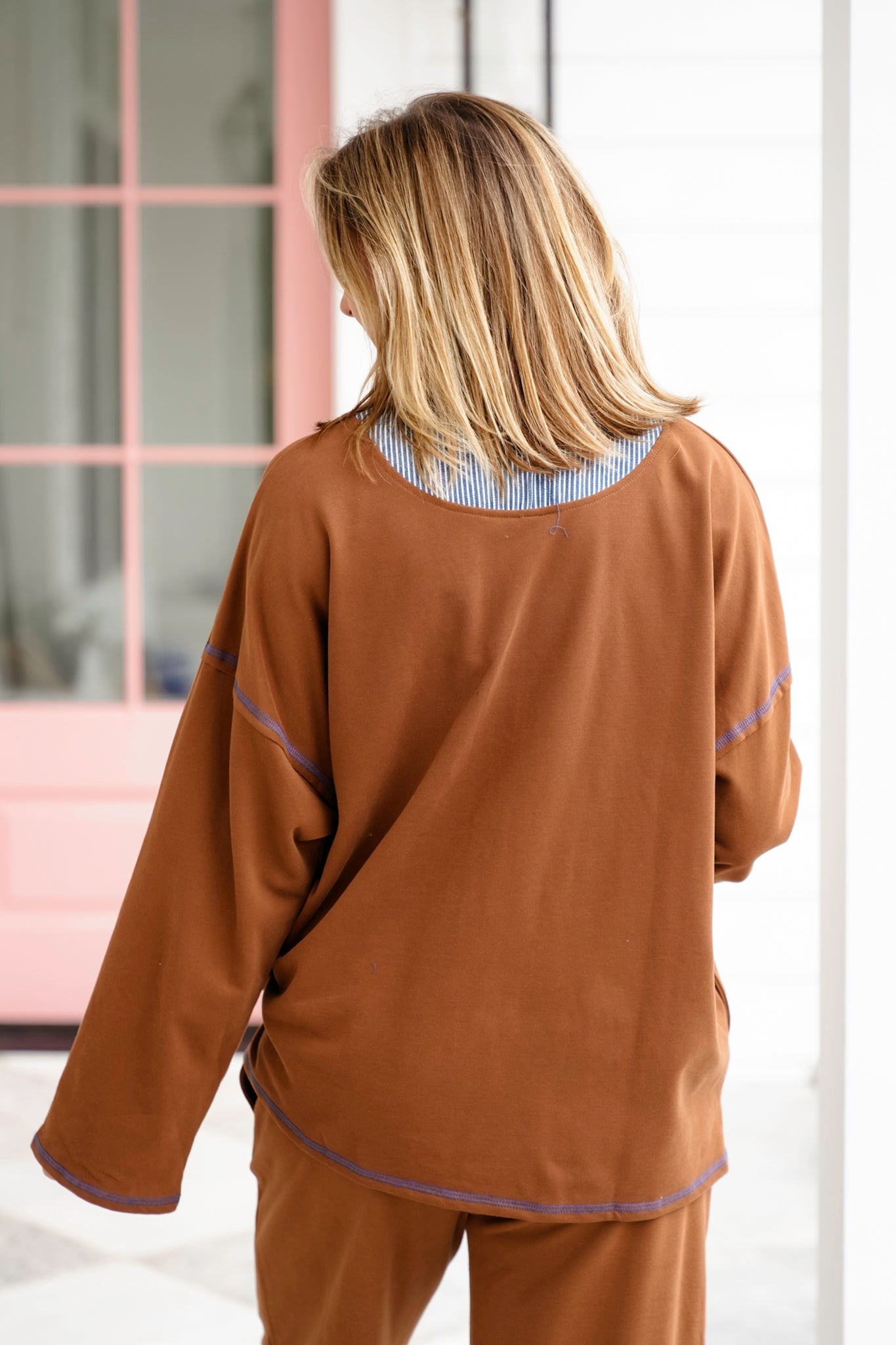 Brown Long Sleeve Half Zip Up Top With Stripes