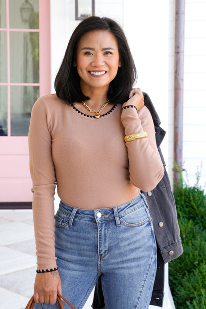 Long Sleeve Knit Top with Embroidery Stitch
