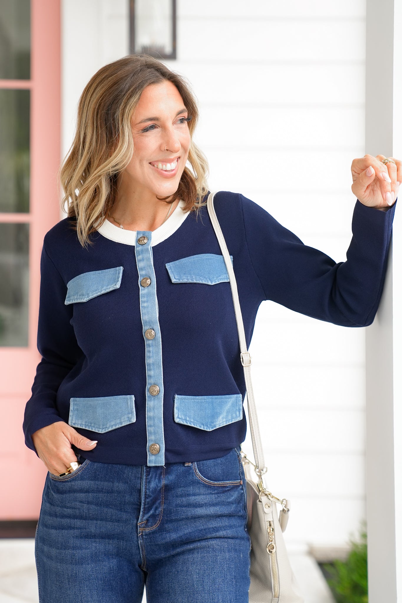 Navy Long Sleeve Button Down Cardigan with Trim Detail