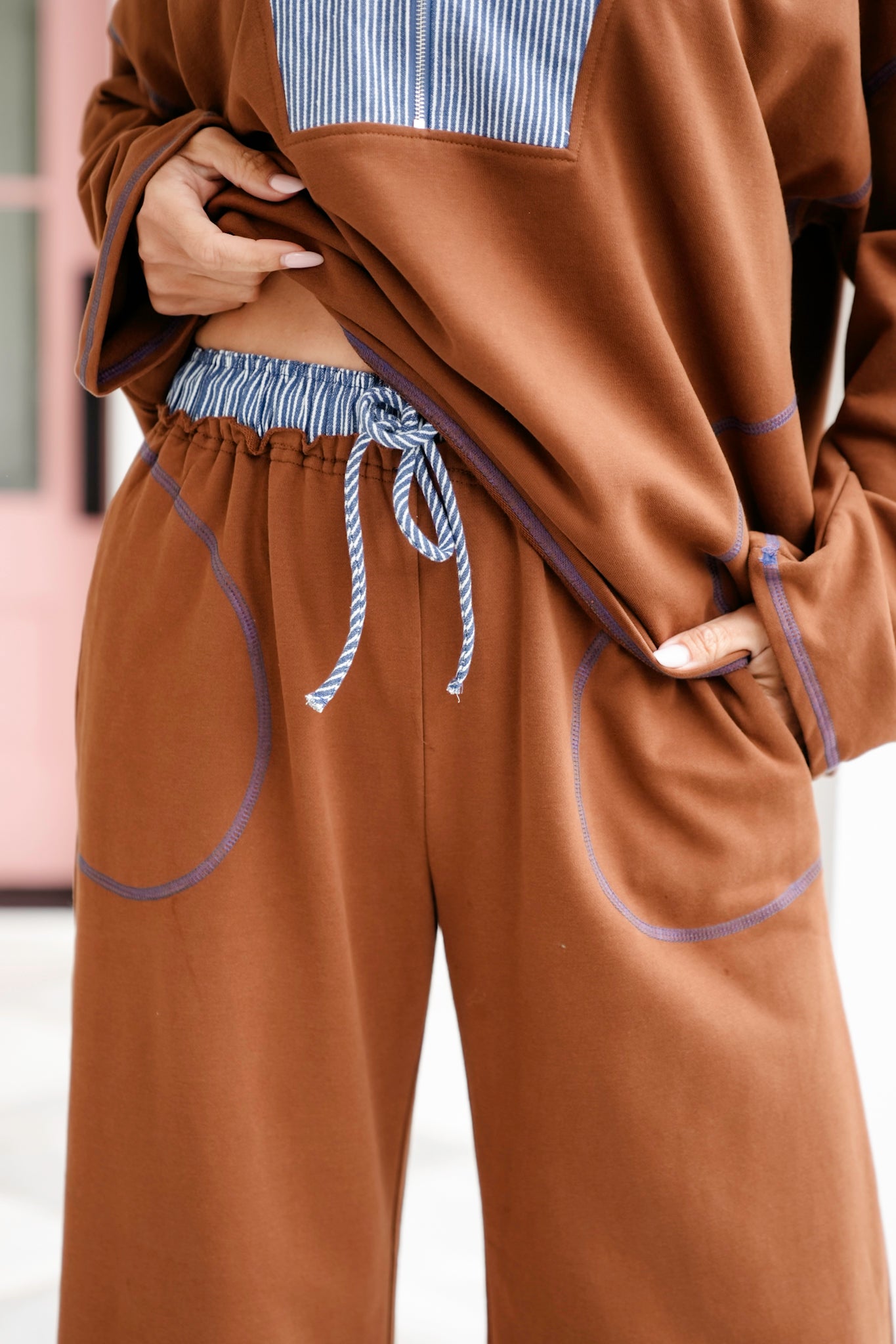 Brown Elastic Waist Pants With Stripes