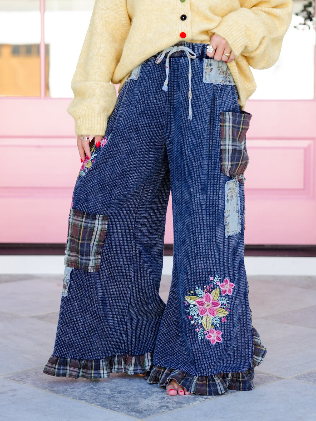 POL Thermal Plaid Patchwork and Floral Embroidered Ruffle Hem Pants - Freckled Poppy