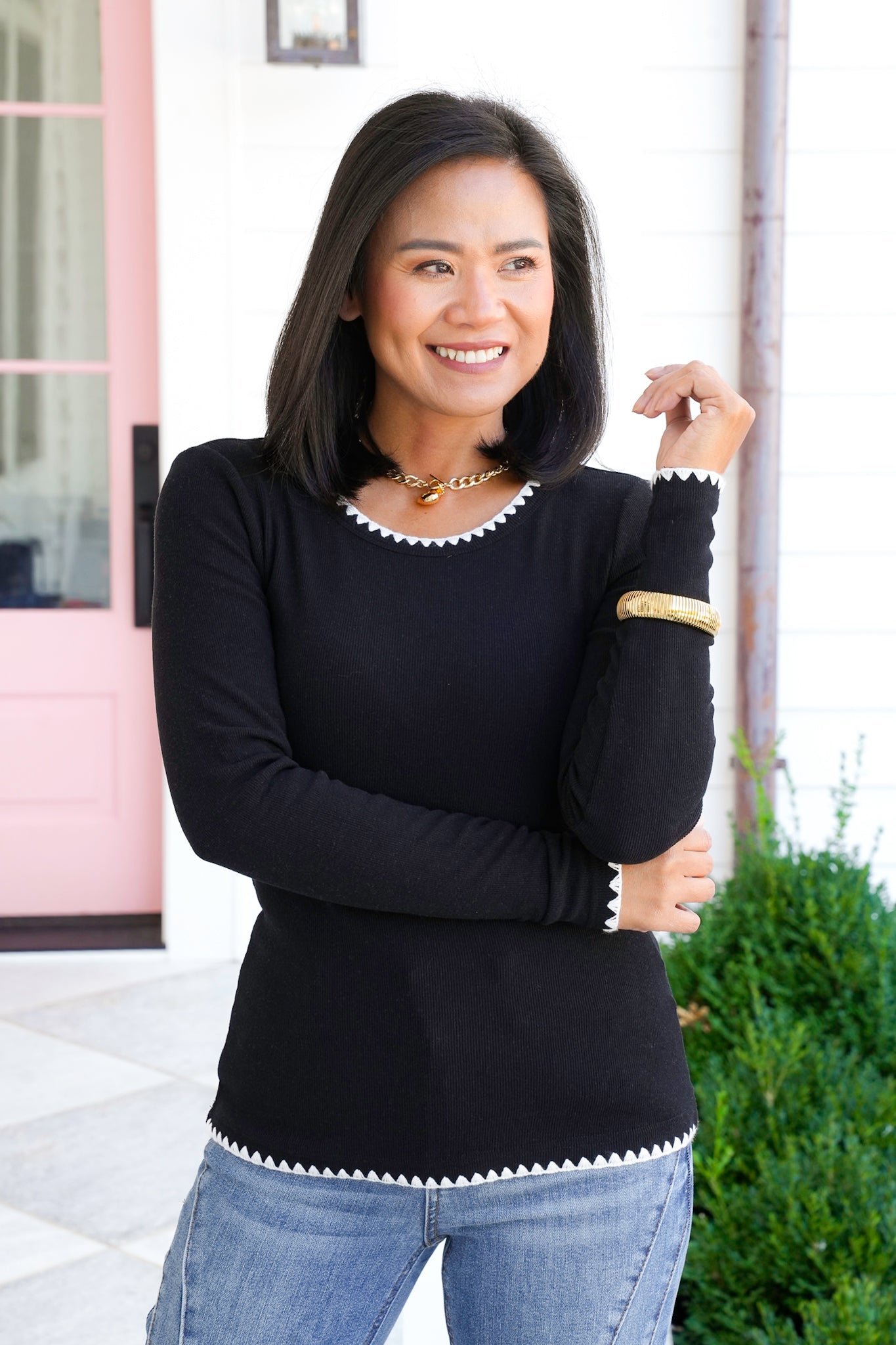 Long Sleeve Knit Top with Embroidery Stitch