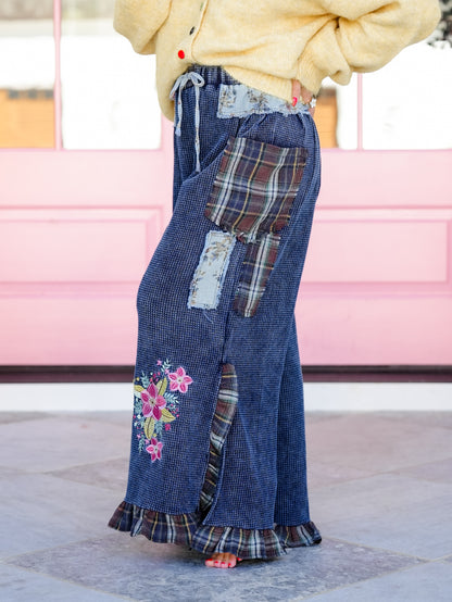 POL Thermal Plaid Patchwork and Floral Embroidered Ruffle Hem Pants - Freckled Poppy