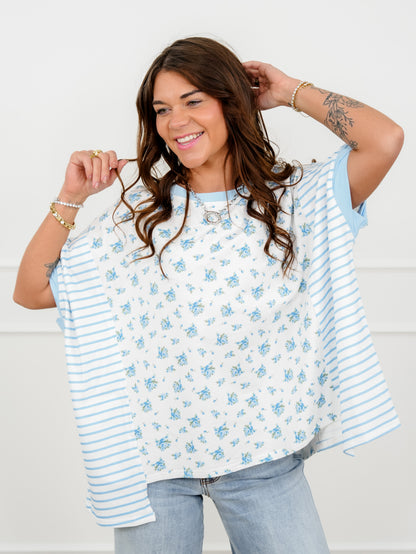 Floral and Stripe Print Short Sleeve Top