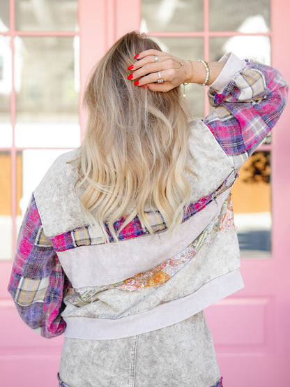 POL Vintage Wash Mixed Media Long Sleeve Top with Stud Detail - Freckled Poppy