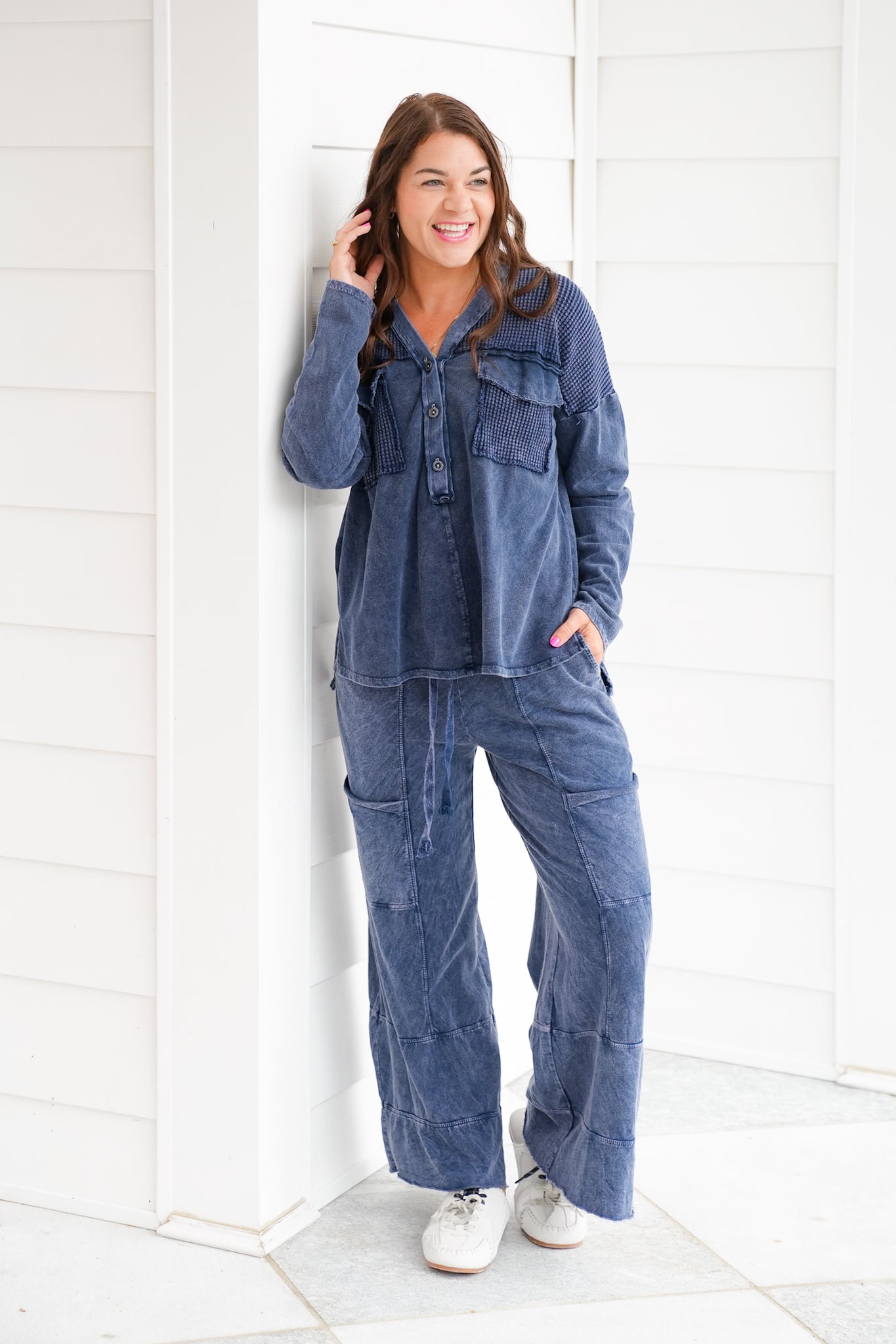 Navy Mineral Wash Wide Leg Pants