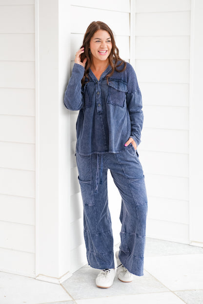 Navy Mineral Wash Wide Leg Pants