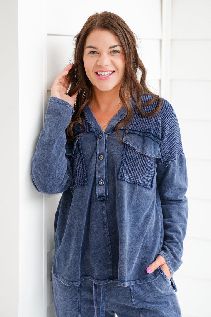 Navy Mineral Wash Long Sleeve Henley Top