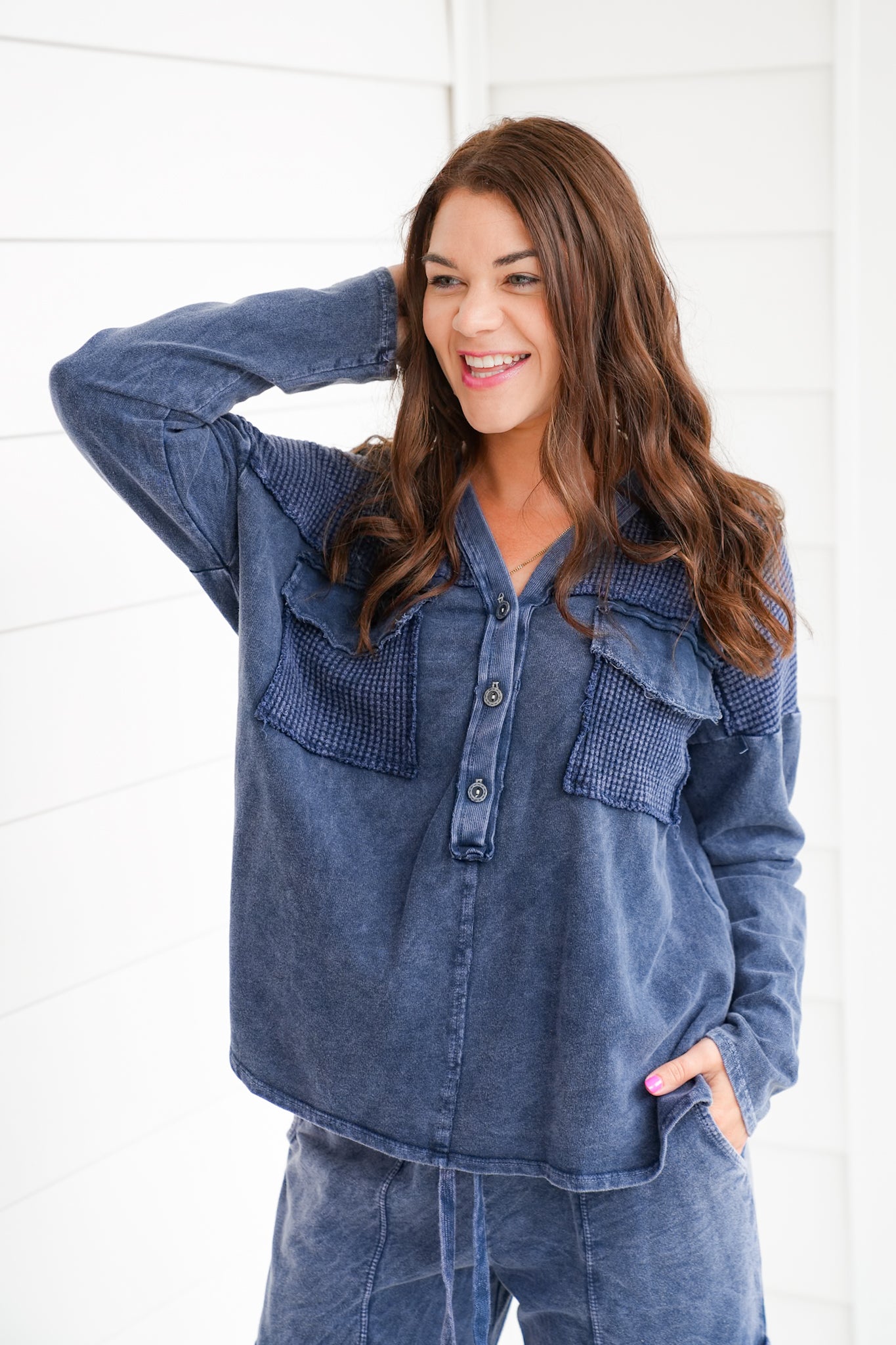 Navy Mineral Wash Long Sleeve Henley Top