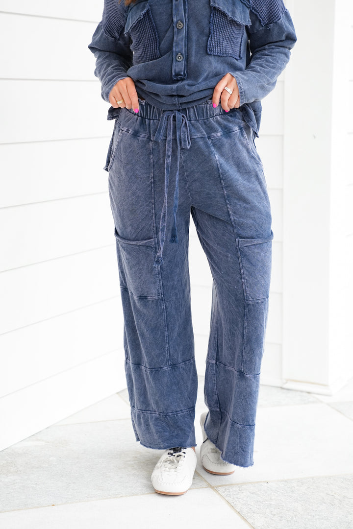 Navy Mineral Wash Wide Leg Pants