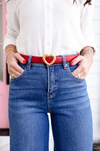 Stitched Clean Leather Belt with Heart Buckle