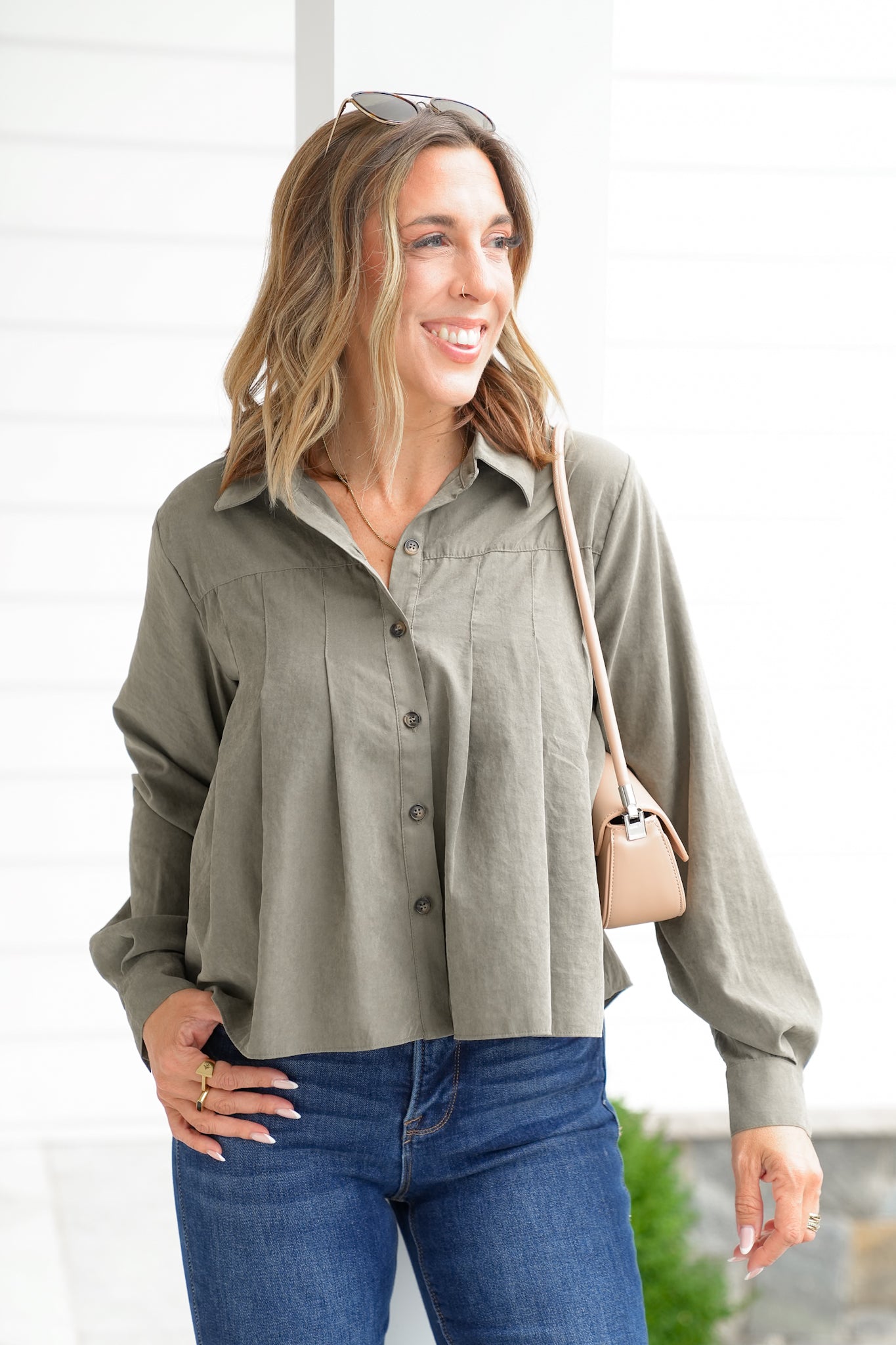 Pleated Long Sleeve Button Up Collared Blouse