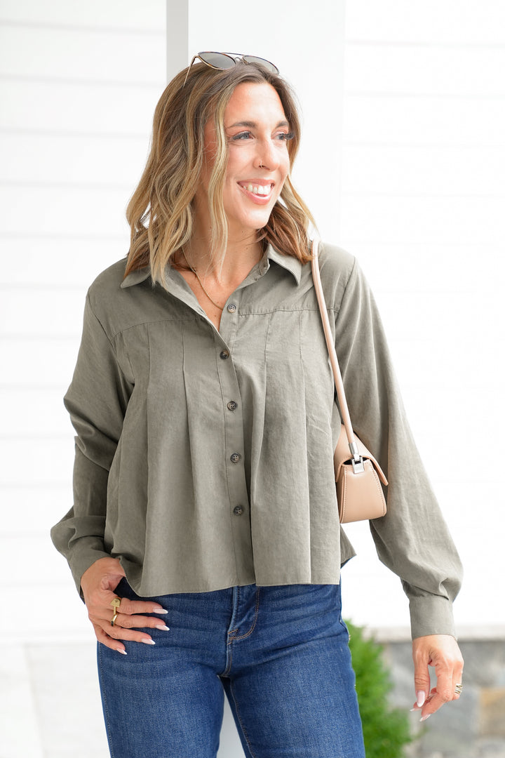 Pleated Long Sleeve Button Up Collared Blouse