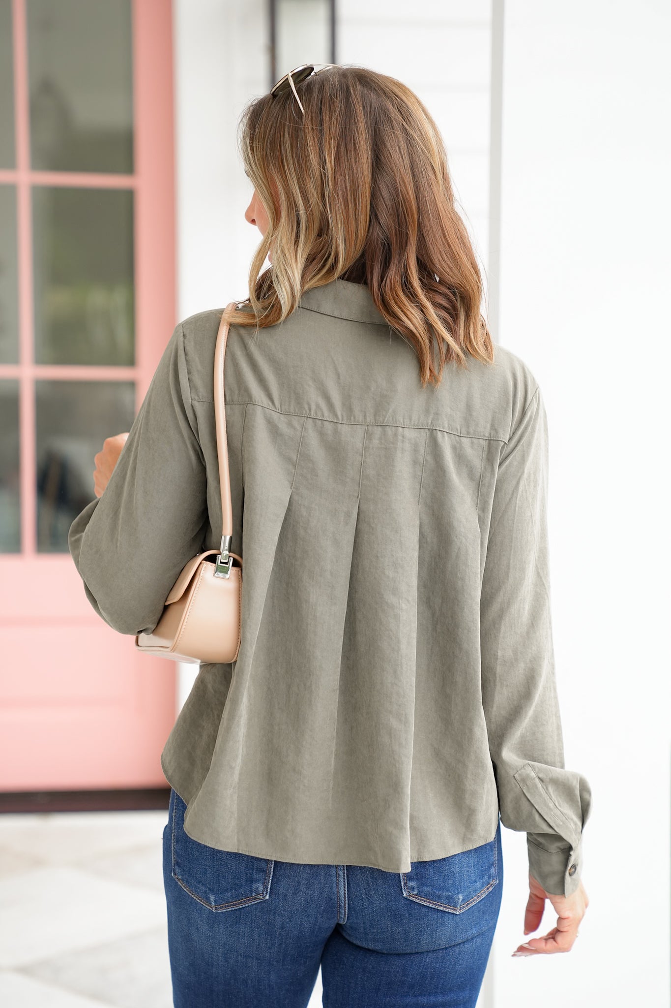 Pleated Long Sleeve Button Up Collared Blouse