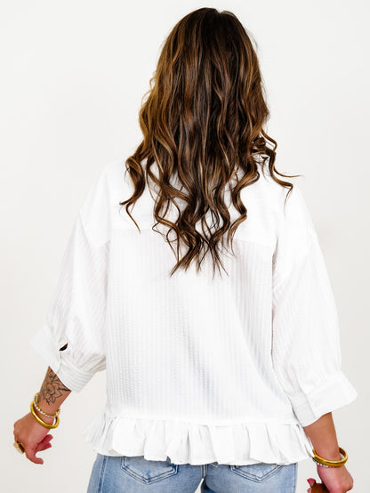 White Seersucker Button Down Ruffle Hem Top