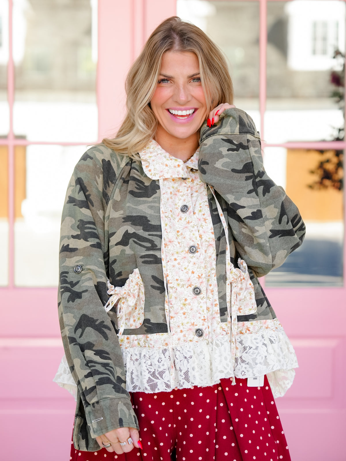 POL French Terry Camo and Floral Collar Lace Trim Jacket