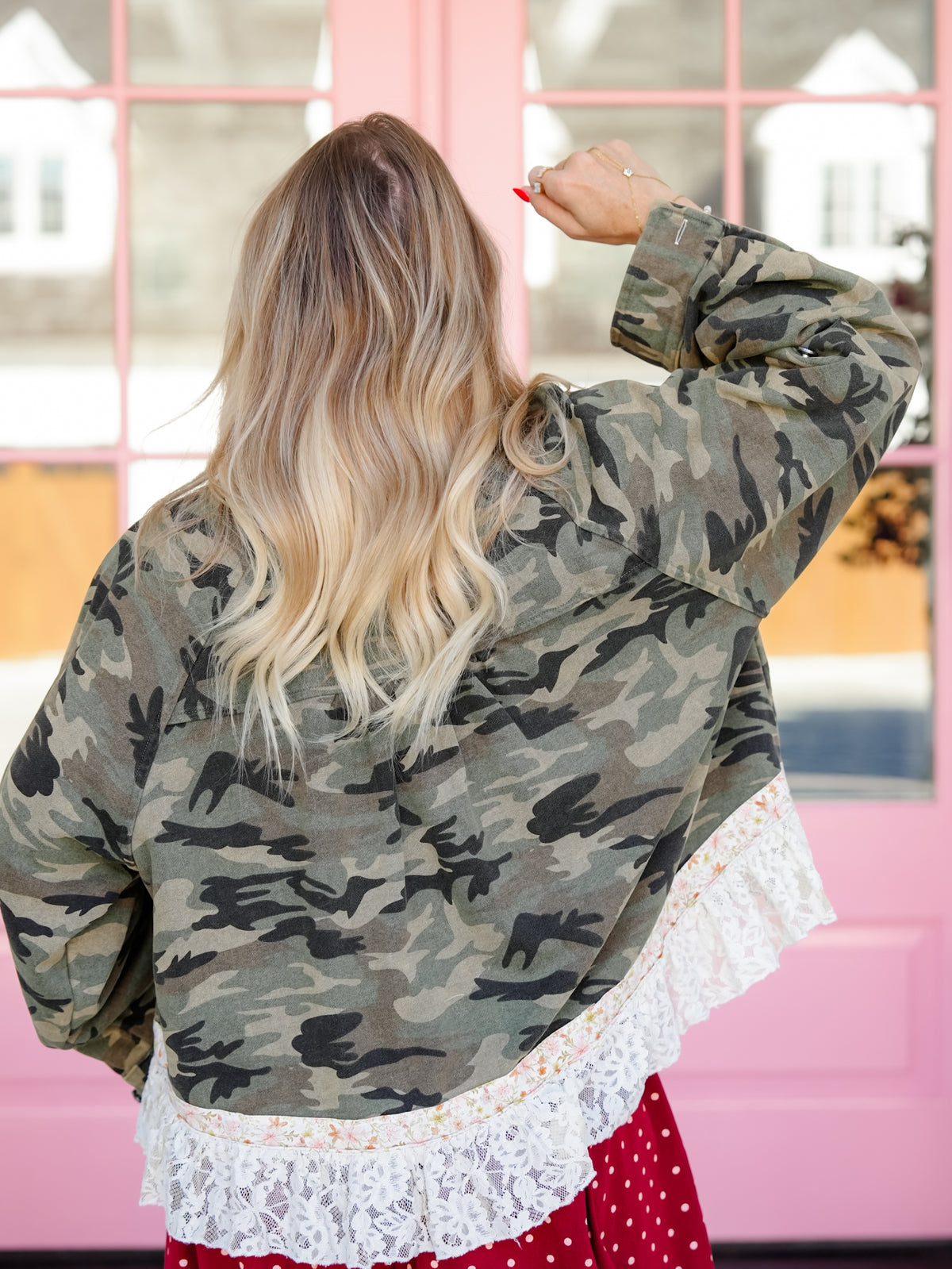 POL French Terry Camo and Floral Collar Lace Trim Jacket