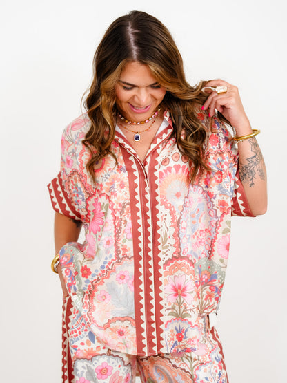 Floral Print Short Sleeve Button Down Top