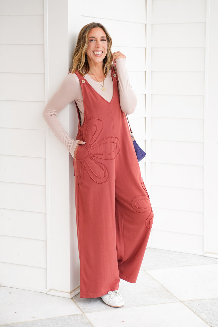 Solid Floral Patch Sleeveless V Neck Overalls