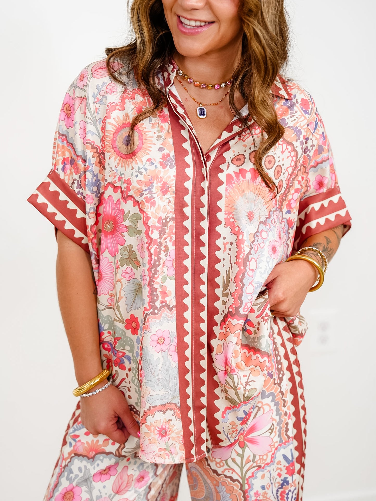 Floral Print Short Sleeve Button Down Top