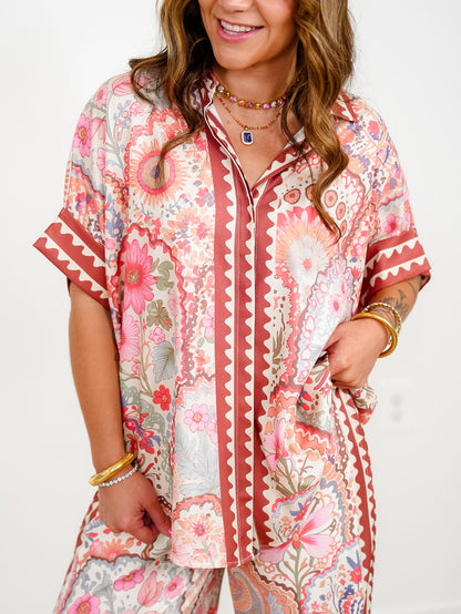 Floral Print Short Sleeve Button Down Top