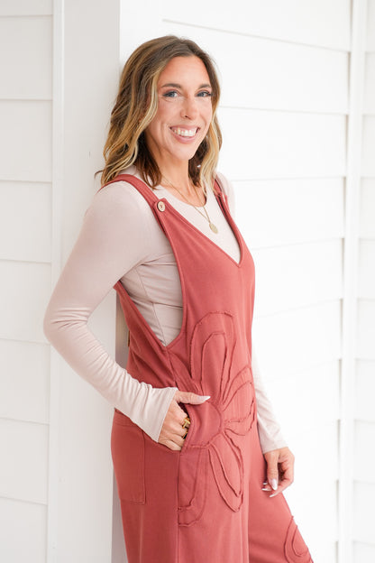 Solid Floral Patch Sleeveless V Neck Overalls