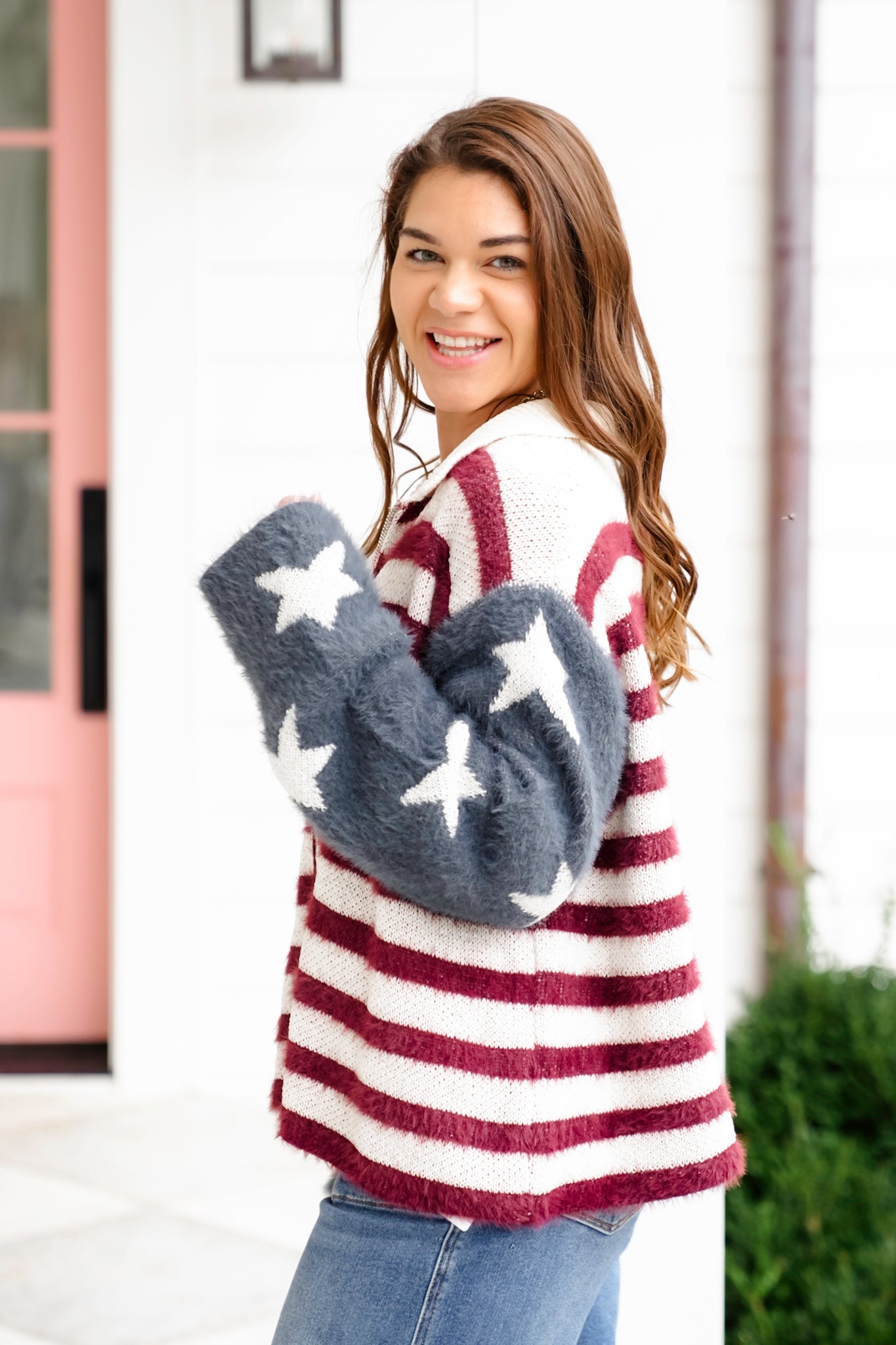 Restock! POL American Flag Print Long Sleeve Zip Up Sweater Jacket