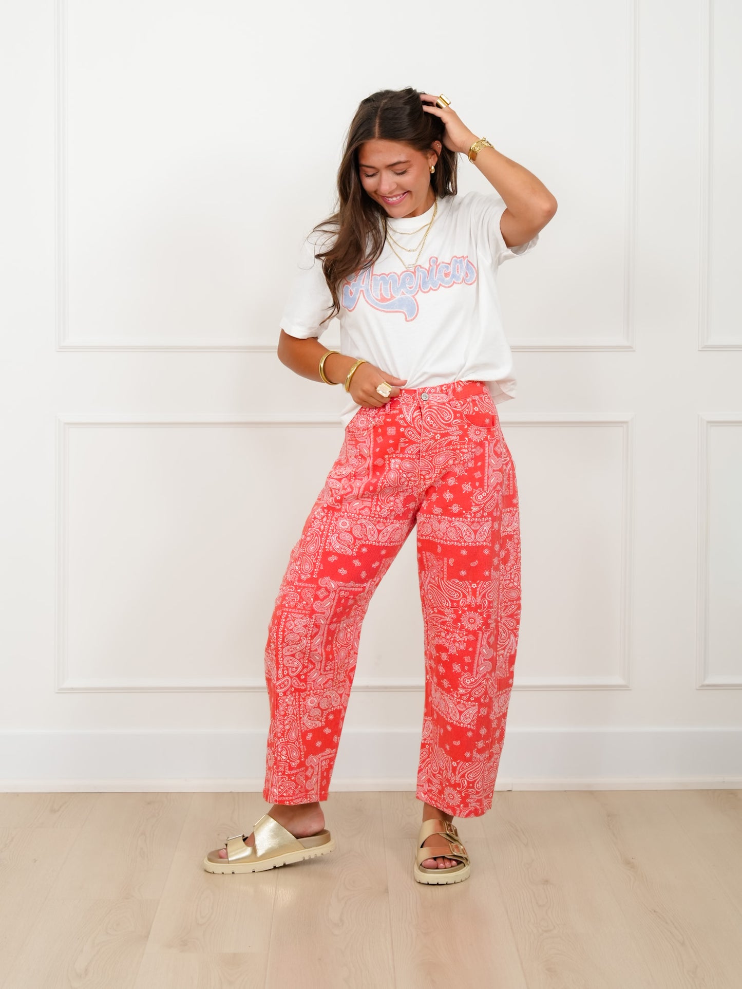 Plus/Reg Red Bandana Print Barrel Pants